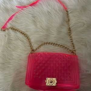 Jelly Vibrant Pink Crossbody Bag with Gold Chain
